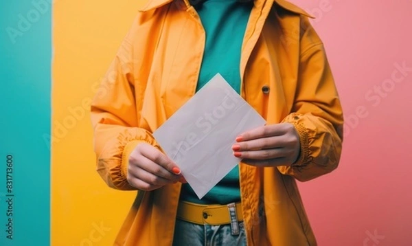 Fototapeta A person is putting a ballot into the ballot box. Vivid color background