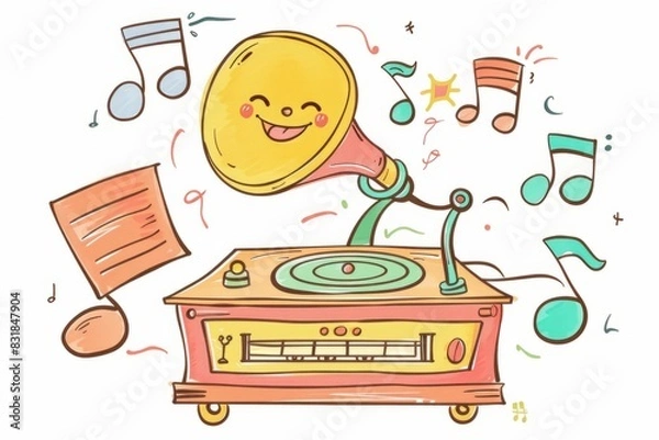 Obraz Cartoon cute doodles of a classic phonograph with a smiling horn and musical notes, Generative AI