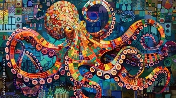 Fototapeta A vibrant mosaic of an octopus, Generative AI