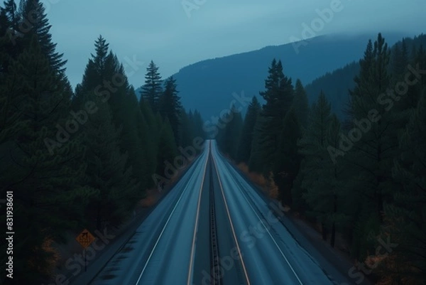 Fototapeta A four-lane forest road with orange markings runs through the taiga