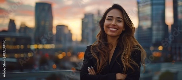 Fototapeta Confident Smiling Hispanic Businesswoman, Crossed Arms, Corporate Buildings, Leadership, Empowerment, Copy Space.