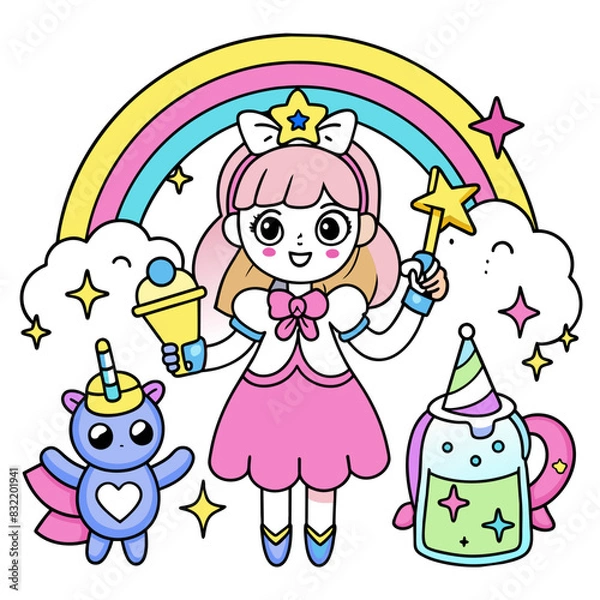 Fototapeta Magical Girl with Unicorns A magical girl with a star wand, holding a rainbow drink, surrounded by unicorns and fairies