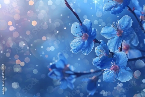 Fototapeta Vivid blue sakura flowers on twig with enchanting blurred background representing the beginning of spring. Artificial intelligence technology