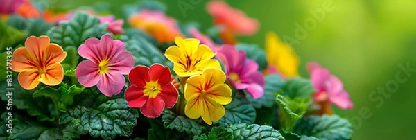 Fototapeta colorful spring flowers in bloom with green leaves background