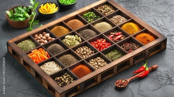 Fototapeta a wooden box overflowing with a vibrant assortment of spices and herbs, each detail meticulously captured to showcase their rich colors and textures.