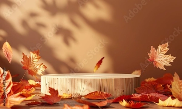 Fototapeta Empty Wooden Pedestal with Colorful Autumn Leaves and Soft Shadow Pattern on Warm Background for Product Display