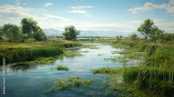 Fototapeta A portrayal of a bio-filtering wetland artificially created to clean industrial wastewater before it is released back into a river.