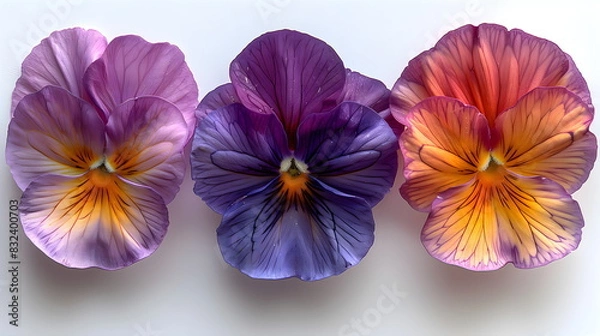 Fototapeta Creative layout of various pink and purple flowers on a white background. Banner with flat delicate pansies with space for text