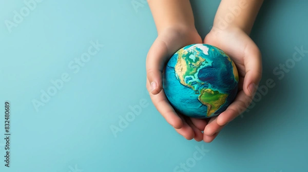 Fototapeta Close up hands of people holding a mini globe on hands against blue backdrop with copy space