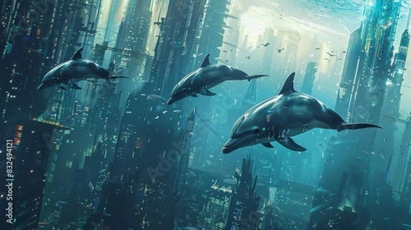 Fototapeta A pod of dolphins interacting with holographic interfaces in an underwater cityscape