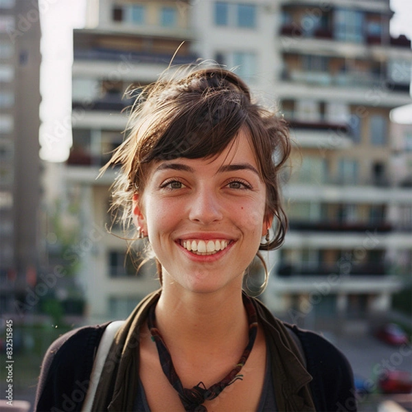 Fototapeta photograph of a young women smiling with, modern apartment in the background out of focus