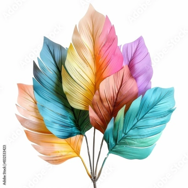 Fototapeta Vibrant Hyophorbe Palm Leaf (Bottle Palm) in Colorful Rainbow Tones on Isolated White Background