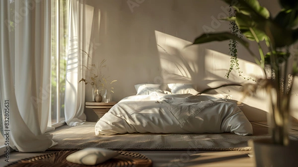 Fototapeta A bedroom with a white bed, a window, and a plant