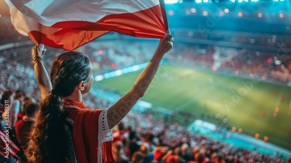 Fototapeta A woman is holding a red and white flag in a stadium full of people Football fans at the football championship