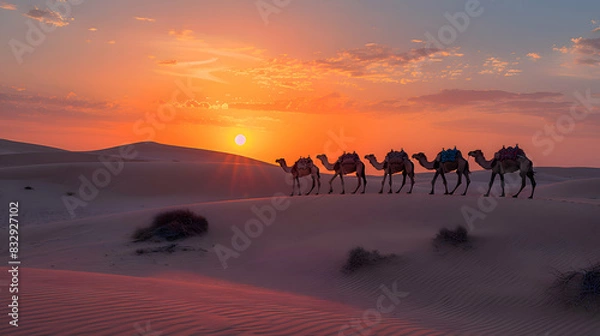 Fototapeta A nature sand dune scene with a caravan of camels silhouetted against the setting sun