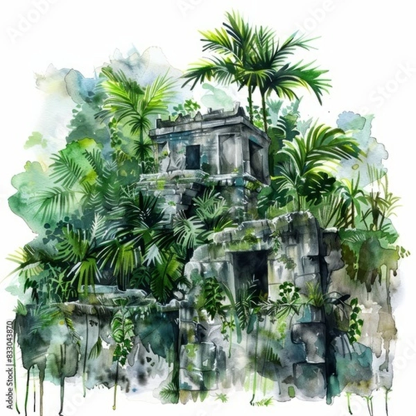 Fototapeta Watercolor painting of a stronghold in the jungle, with lush foliage and hidden traps making it a formidable obstacle for would-be invaders, Generative AI