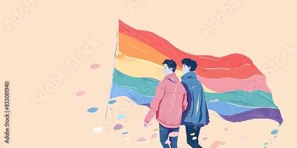 Fototapeta Two men holding hands in front of a rainbow flag.