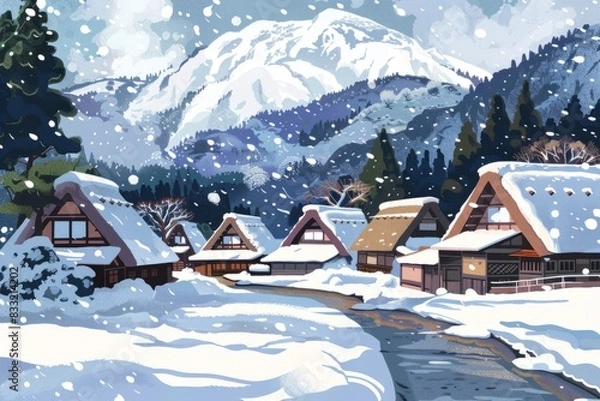 Fototapeta illustration of Shirakawa-Go Village on winter season, Ono District, Gifu Prefecture