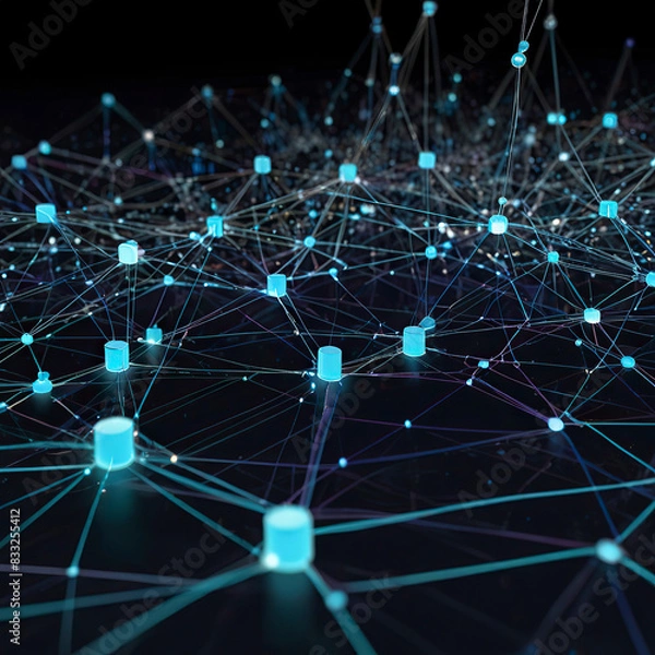 Fototapeta Powered Data Analytics, showcasing a network of interconnected nodes processing vast amounts of data.