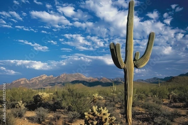 Fototapeta A large saguaro cactus dominates Sonoran desert landscape