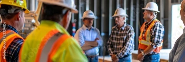 Fototapeta Group of men standing together, receiving safety instructions from a manager on a construction site