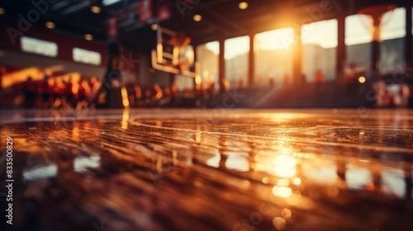 Fototapeta A low angle shot of a shiny basketball court with the warm glow of sunlight coming through the windows