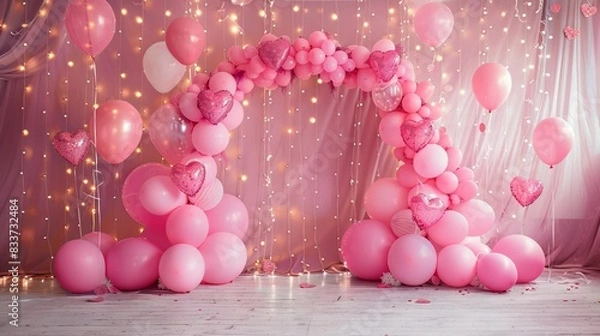 Fototapeta A pink room with pink balloons and a pink arch