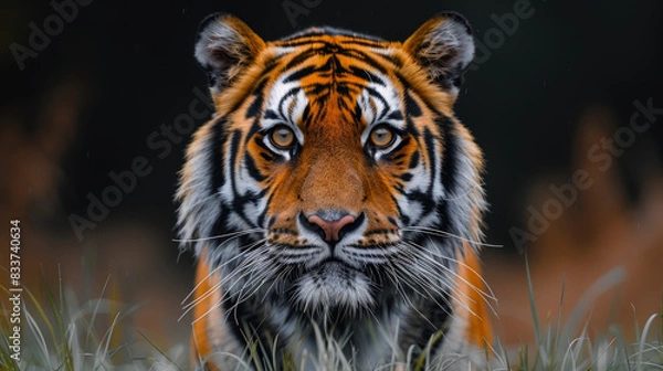 Fototapeta A majestic tiger gazes intently, its vibrant orange and black stripes contrasting against the lush greenery.