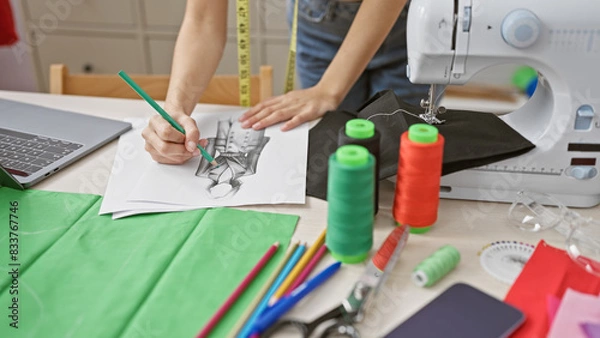 Fototapeta A woman sketches a dress design on paper amid colorful fabrics, threads, and a sewing machine in a tailor's atelier.