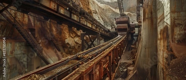 Obraz Conveyor belt for moving materials from one point to another within the mine. rusty remains of an old industrial building