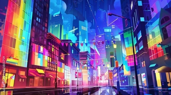 Fototapeta 7. An illustration of a cityscape during Pride Month, with buildings displaying rainbow lights, street banners, and a lively atmosphere of inclusivity and celebration