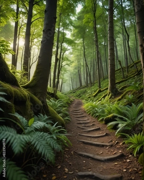 Obraz A Scenic Hiking Trail Through a Dense Forest, Photographed to Show the Depth and Beauty of the Verdant Landscape in Hyperrealistic Cinematic Style