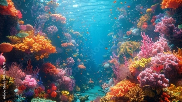 Fototapeta A whimsical seascape with colorful coral reefs. AI generate illustration