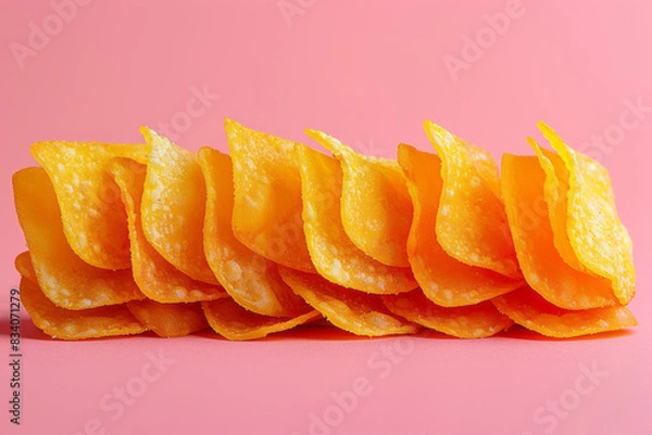 Fototapeta A few chips arranged in a neat row on a solid pink background,