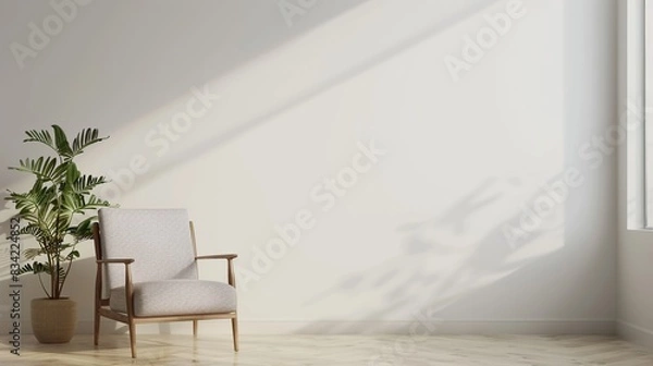 Fototapeta Modern minimalist interior with an armchair on empty white wall background. Generative Ai