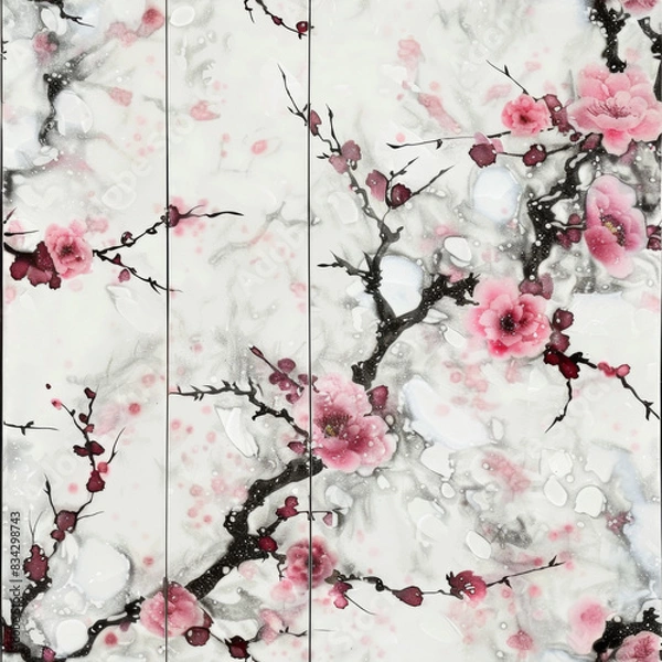 Fototapeta Floral Blooms Blossoms Triptych in Mixed Medium, Perfect for Home Decor, Wall Art, Backdrops,Printed Materials , Art Gallery