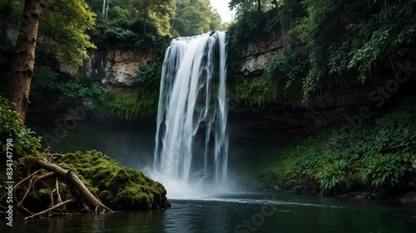 Fototapeta The harmony between a majestic waterfall and the surrounding forest ai_generated