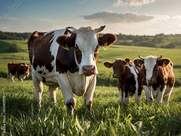 Fototapeta healthy cows grazing in green pastures under a sunny sky. frosty glass of milk being poured in slow motion