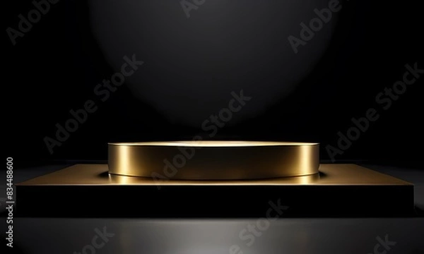 Fototapeta Podium platform bathed in brilliant black with gold accents shimmering under soft direct light, Ai Generated