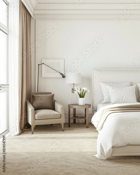 Fototapeta Serene hotel room interiors with natural light and warm tones. Hotel interior design composition with minimal decor.