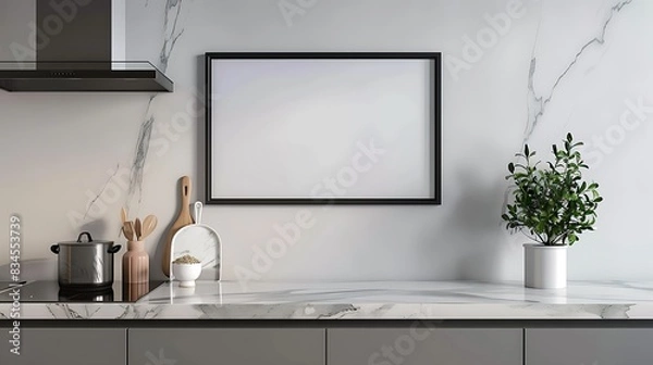 Fototapeta Modern Glossy Black Border Frame Mockup on Kitchen Cabinet Shelf with Wall Background - 3D Rendering