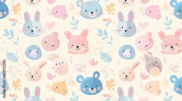 Fototapeta A seamless pattern featuring cute pastel-colored cartoon animals, including bunnies, bears, and kittens, with soft and soothing background tones