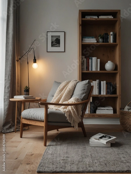 Fototapeta This inviting Scandinavian reading nook offers a serene escape for relaxation and contemplation.