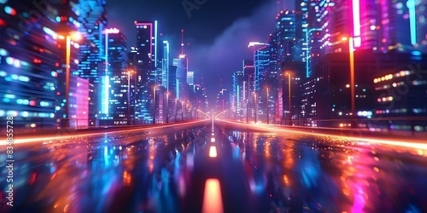 Obraz Neon cityscape 4k loop animation with vibrant urban music background. Concept Neon Cityscape, 4k Loop Animation, Vibrant Music, Urban Background