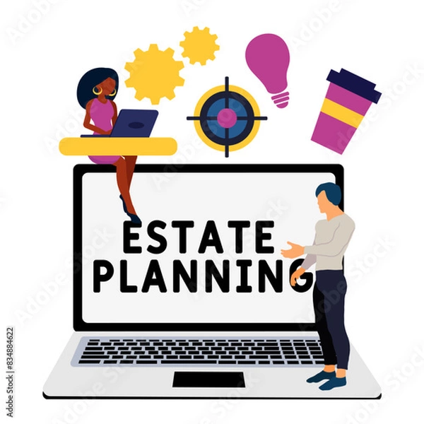 Fototapeta Estate Planning. Concept with keyword, people and icons. Flat vector illustration. Isolated on white.