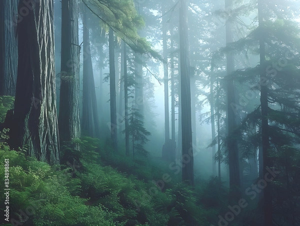 Fototapeta Enormous ancient redwood trees enveloped in fog, transporting viewers to a prehistoric atmosphere of wonder.