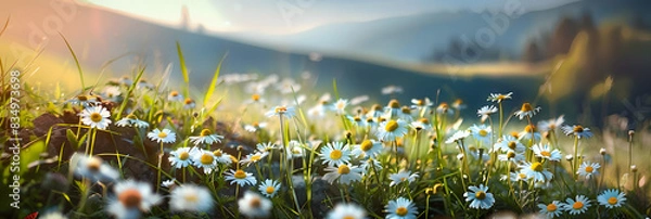 Obraz Beautiful spring and summer natural landscape with blooming field of daisies in the grass in the hilly countryside.