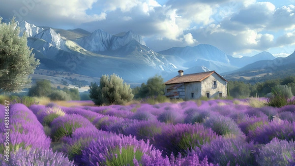 Fototapeta Purple lavender field in Provence France with a rustic farmstead nestled amid the blooms