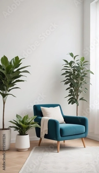 Fototapeta Minimalist living room with white vintage armchair carpet and elegant home decor including a dry plant in a vase against a copy space wall