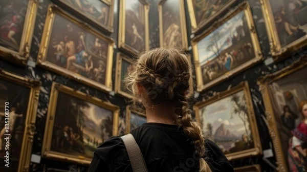 Fototapeta Back portrait of an adult woman looking at museum paintings in an old museum art gallery